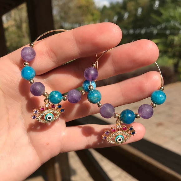 Amethyst Apatite Evil Eye Gold Plated Hoop Earring - Picture 7 of 8